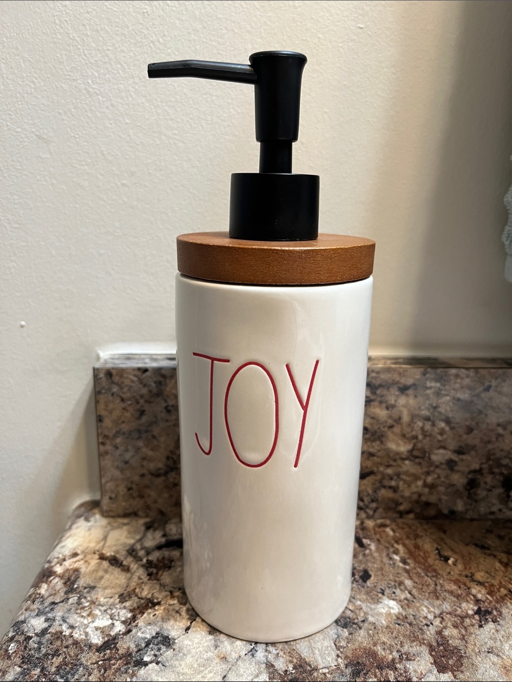 Rae Dunn Joy Red and White Ceramic Soap Dispenser with Bronze Pump